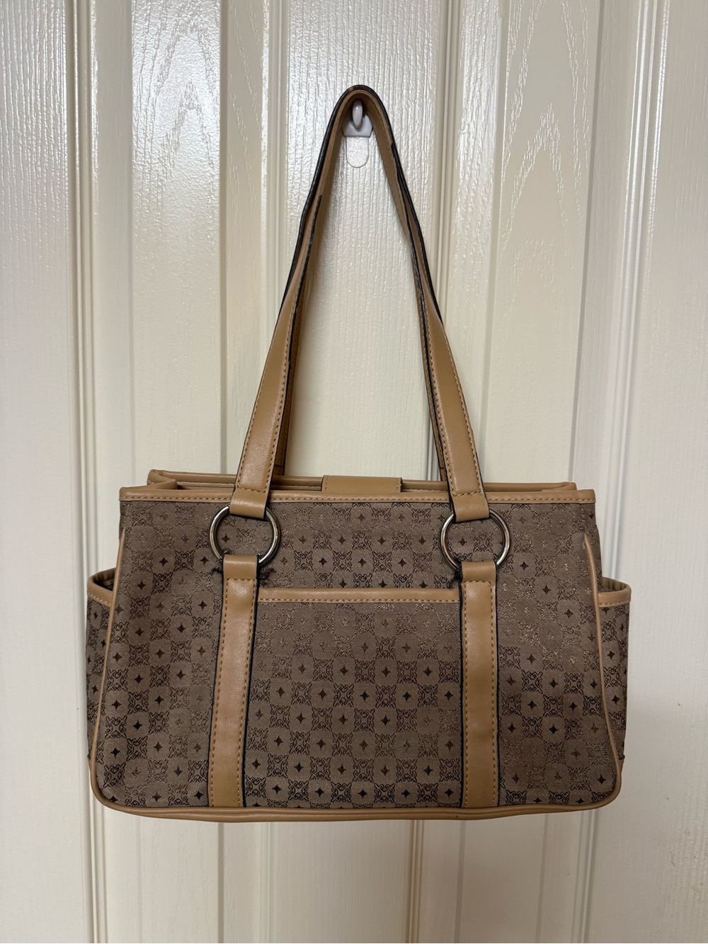 villager Brown Patterned Shoulder Tote with Tan Trim